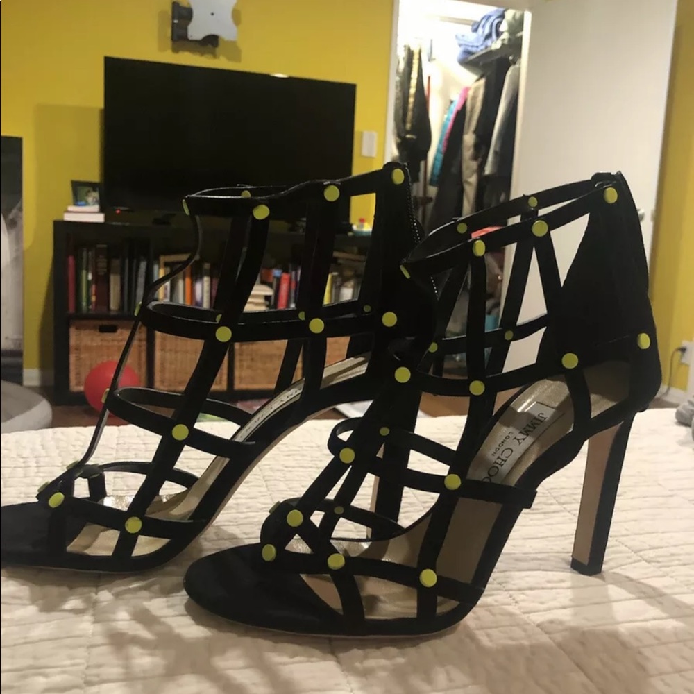 Jimmy Choo Black Beverly 100 Strappy Suede High Heels With Yellow Dots 38/1/2